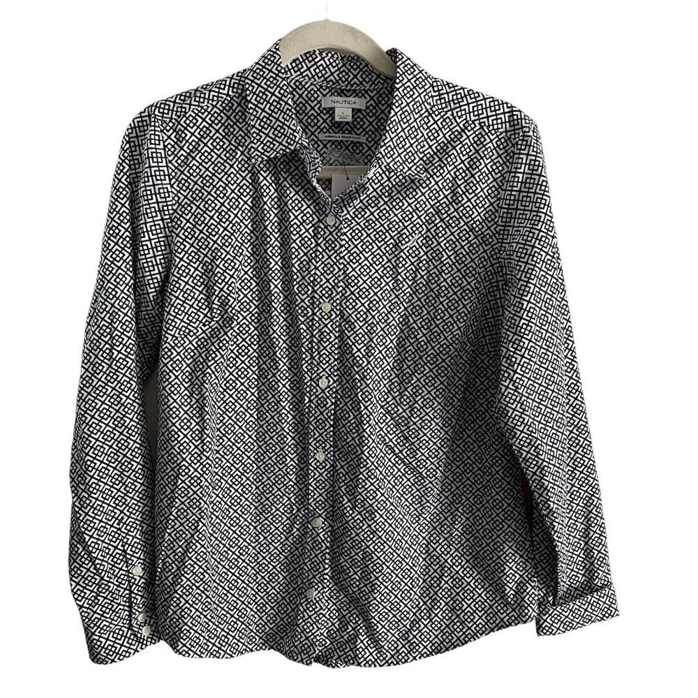 Nautica Wmn SZ L White/Blue Design L/S Button Up Fitted Wrinkle Res. Blouse NWT